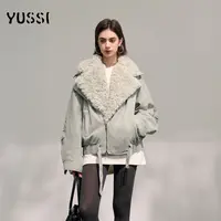 YUSSI廓形机车羊仿羔毛翻领夹克女秋冬加厚短款可拆卸毛领派克服