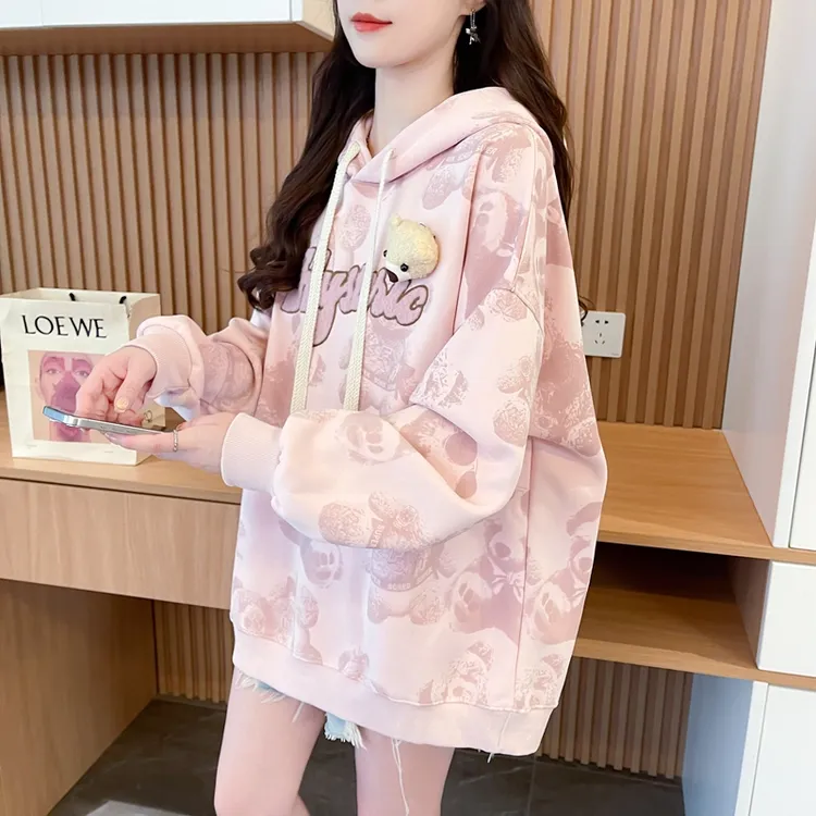 秋季新款时尚个性涂鸦韩版连帽卫衣女遮屁股外套孕妇遮肚上衣女潮