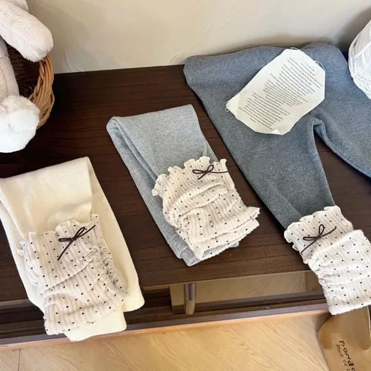 女童秋冬装打底裤新款亲肤波点堆堆裤一体加绒弹力宝宝保暖长裤子