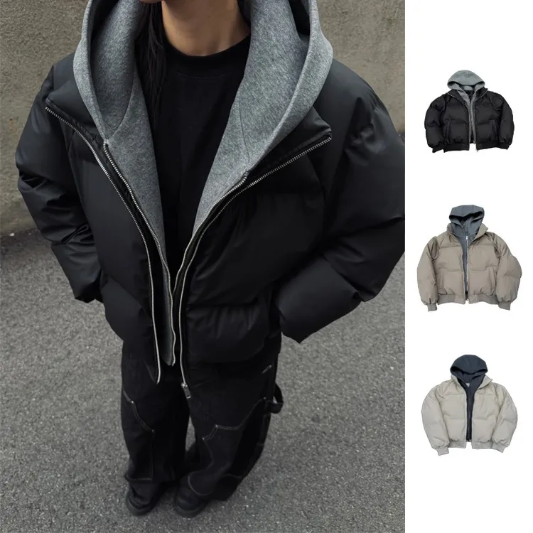 黑色cleanfit假两件连帽棉衣男冬季加厚保暖短款美式潮牌棉服外套