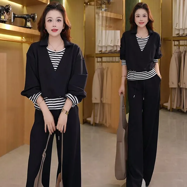时尚套装女2025秋季新款洋气条纹拼接假两件上衣阔腿裤休闲两件套