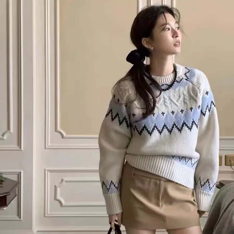 复古撞色费尔岛提花麻花毛衣秋冬韩chic软糯圆领针织衫上衣