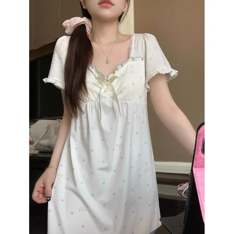 带胸垫睡裙女款夏季少女甜美波点中长款裙子夏天可外穿睡衣家居服