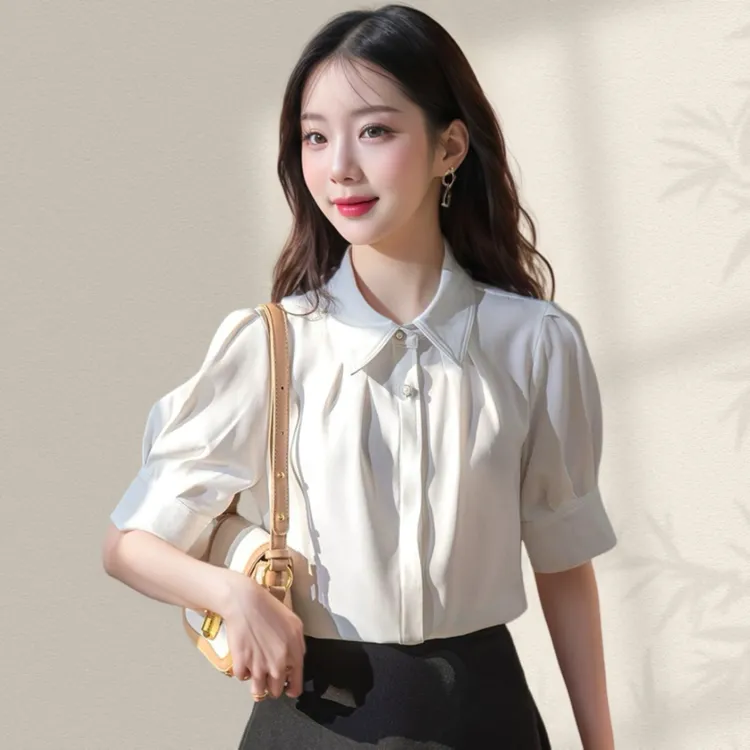 法式泡泡袖白色衬衫女短袖2025夏季新款气质通勤职业面试正装上衣