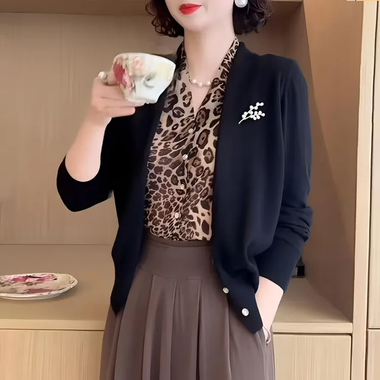 假两件V领豹纹宽松显瘦气质针织衫开衫女长袖外套上衣春秋冬新款