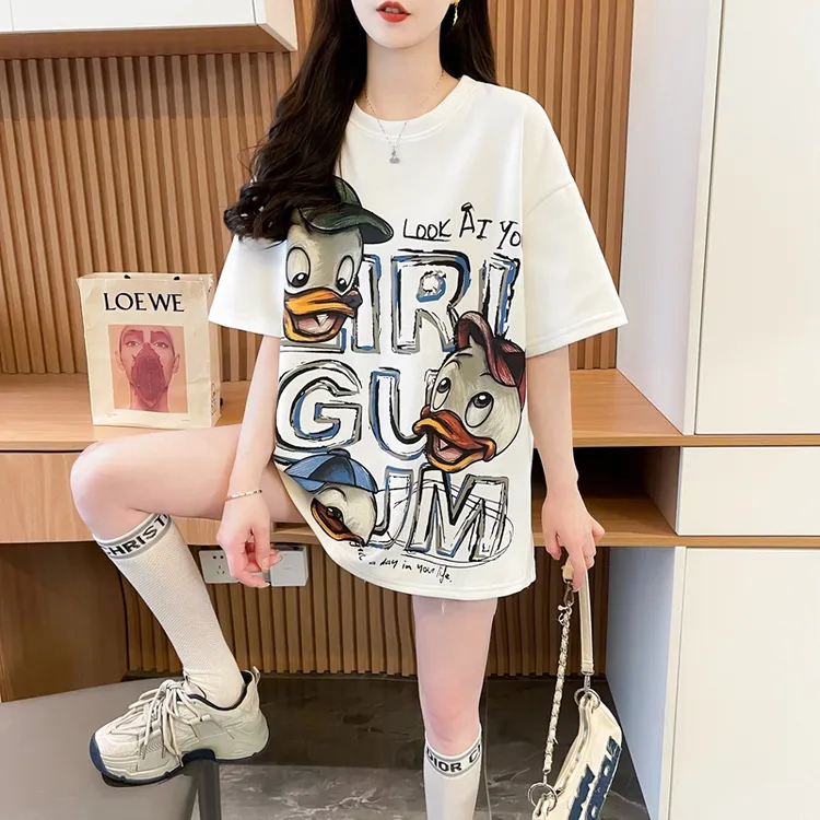 纯棉网红款短袖T恤女夏季新款宽松卡通小众设计感大码中长款上衣