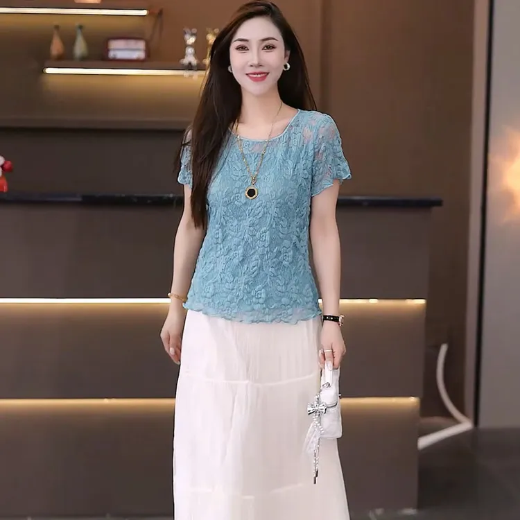 修身型轻职风韩版波浪打底衫蕾丝夏装镂空复古拼接