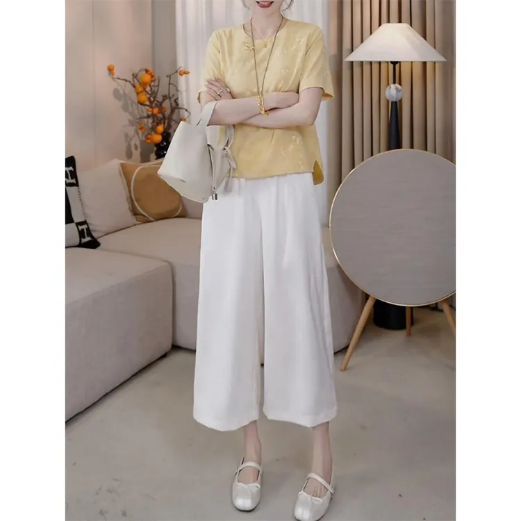 2025夏季新款国风短袖衬衫高腰休闲裤套装女生时尚百搭减龄两件套