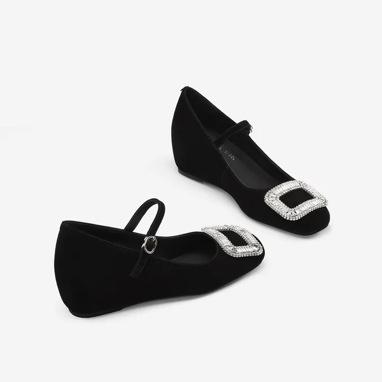 水钻方扣一字带浅口单鞋女2025秋款内增高玛丽珍鞋通勤工作高跟鞋