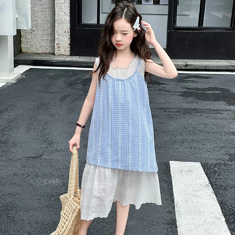 女童连衣裙2025夏季新款假两件格子连衣裙6-12岁15中大童韩版洋气