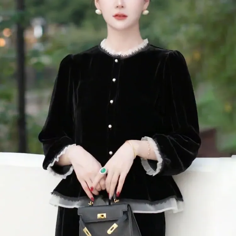 黑色丝绒荷叶边衬衫女2025秋季新款时尚休闲老钱风松弛感女装贵气