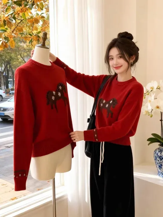 2025秋冬新款套头圆领提花小马毛衣通勤风时尚宽松百搭减龄针织衫