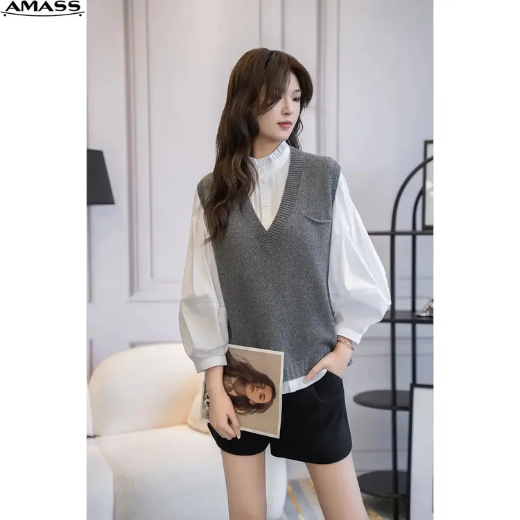 AMASS/阿玛施早春新款轻职场V领针织马夹背心女时尚百搭  5399256