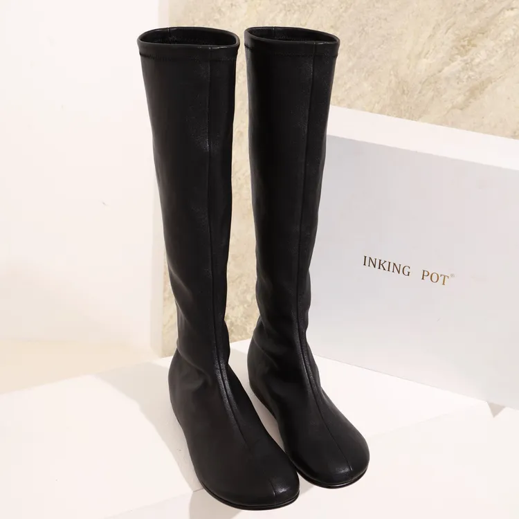 Inking Pot植鞣弹力羊皮高筒瘦瘦靴女冬圆头内增高长靴时装靴