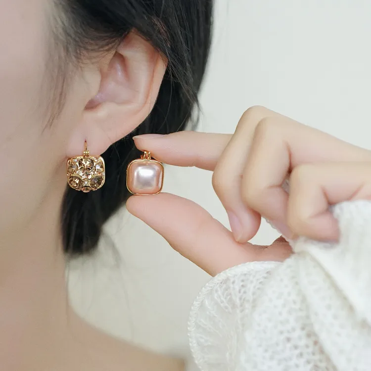 高级感香槟金色方形超闪气质耳扣式耳钉时尚大气耳环