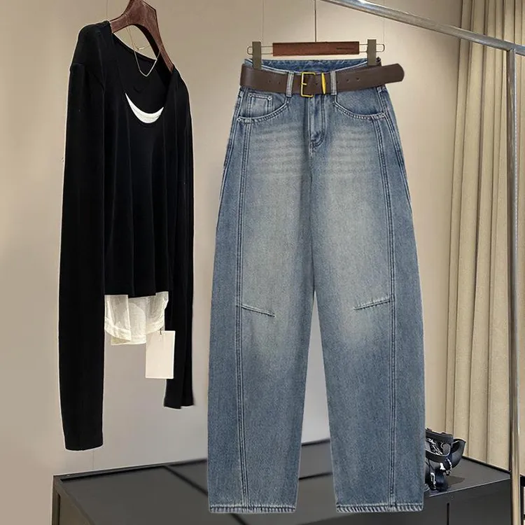 加绒加厚弯刀阔腿牛仔裤女2025冬季新款高腰宽松保暖垂感直筒裤子