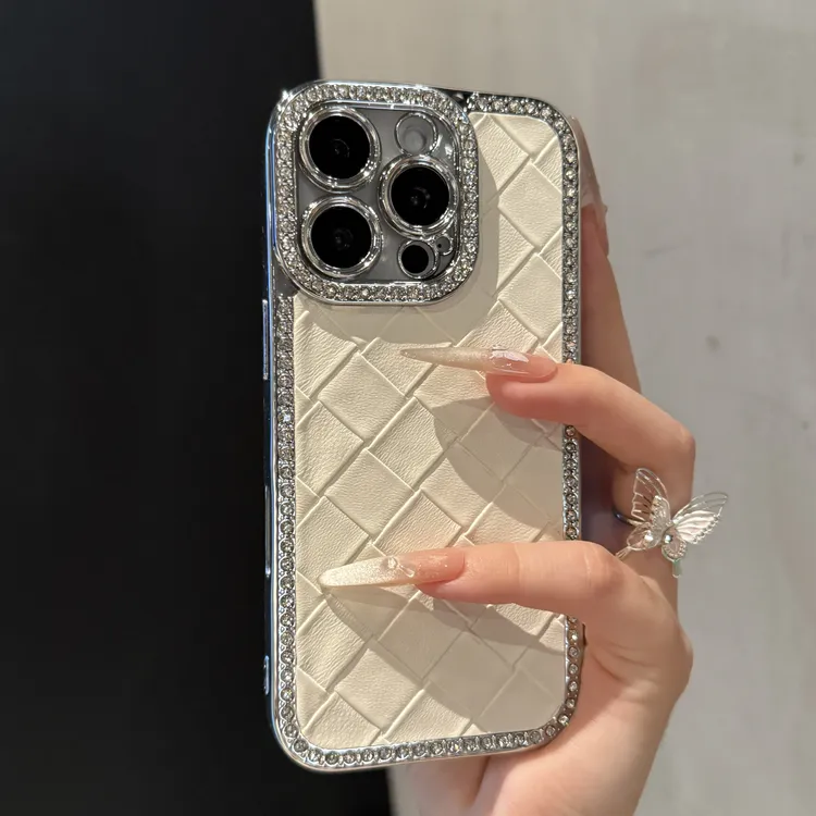 新款镶钻菱格纹适用苹果16promax手机壳iPhone15promax轻奢14全包
