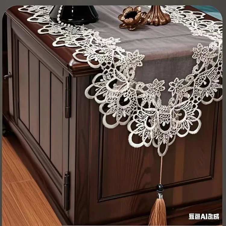 801-3高级感正品珞光纱蕾丝花边桌布桌旗盖巾玛瑙灰（40*160cm) 