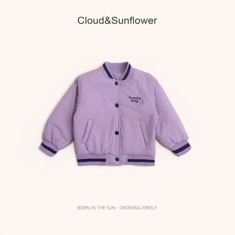 【云朵小葵】女童秋季加厚条纹织带英文蝴蝶结紫色棒球服外套008