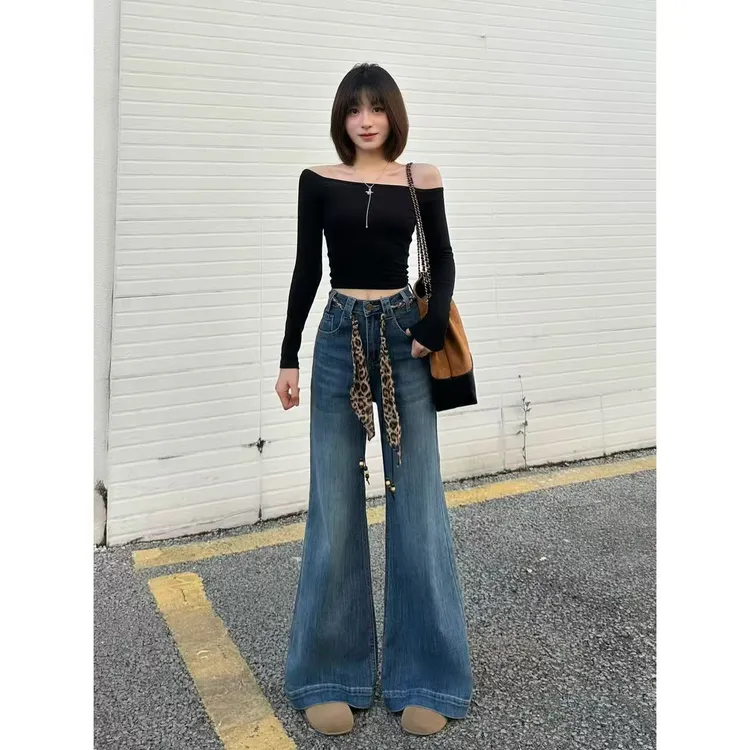 复古设计高腰不贴腿微喇牛仔裤女2025秋季新款百搭显瘦拖地长裤子