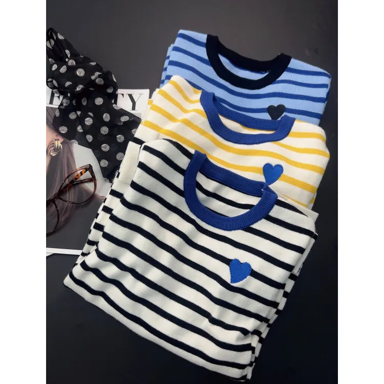 撞色条纹针织长袖t恤女早秋季2025新款设计感短款修身打底衫上衣