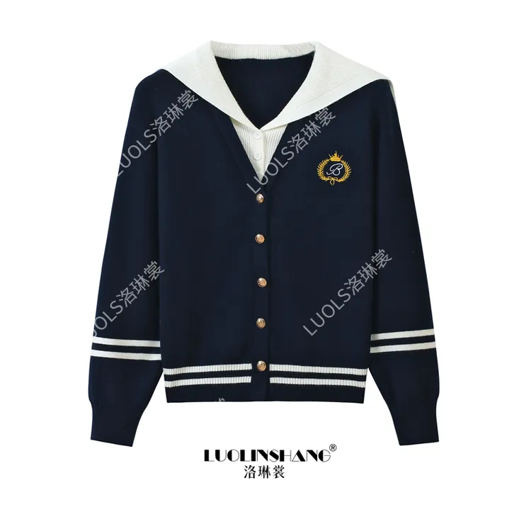 2025撞色假两件海军领针织开衫韩系秋冬休闲学院风针织上衣女0049