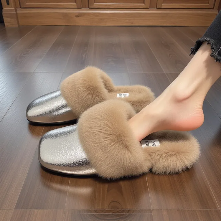 兔毛绒真皮包头毛毛拖鞋女秋冬外穿2025新款平底一脚蹬银色棉拖鞋