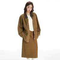 Busrr卡其色开叉半身裙套装秋冬季工装风翻领宽松牛仔外套两件套