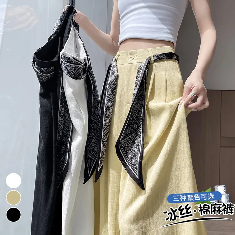 【送丝巾】系带棉麻阔腿裤子女夏季薄款西装裤女高腰宽松慵懒休闲裤