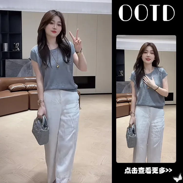夏季流行穿搭一整套女2025新款韩版短袖针织衫百搭休闲裤两件套