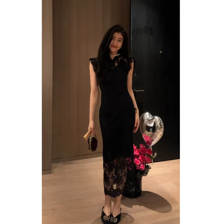 N.COU妮蔻25夏新款新中式国风黑色修身蕾丝刺绣旗袍连衣裙DY22573