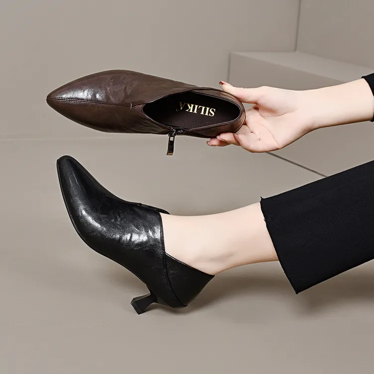 2025早春新款细跟高跟鞋侧拉链尖头深口单鞋女洋气百搭可踩跟女鞋