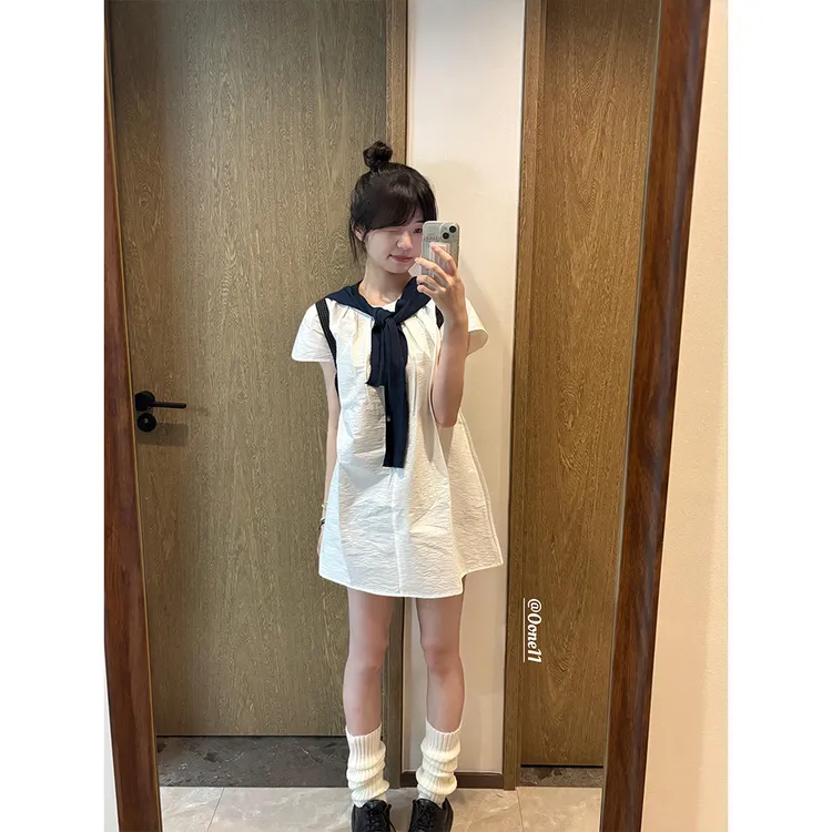 韩系甜美蓝色披肩白色衬衫连衣裙女2025新款夏季气质短裙子两件套