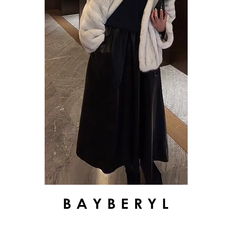 BAYBERYL老贝及奢皮裙*薄A字松紧显瘦黑百搭半身裙YQ5D1105-8/16
