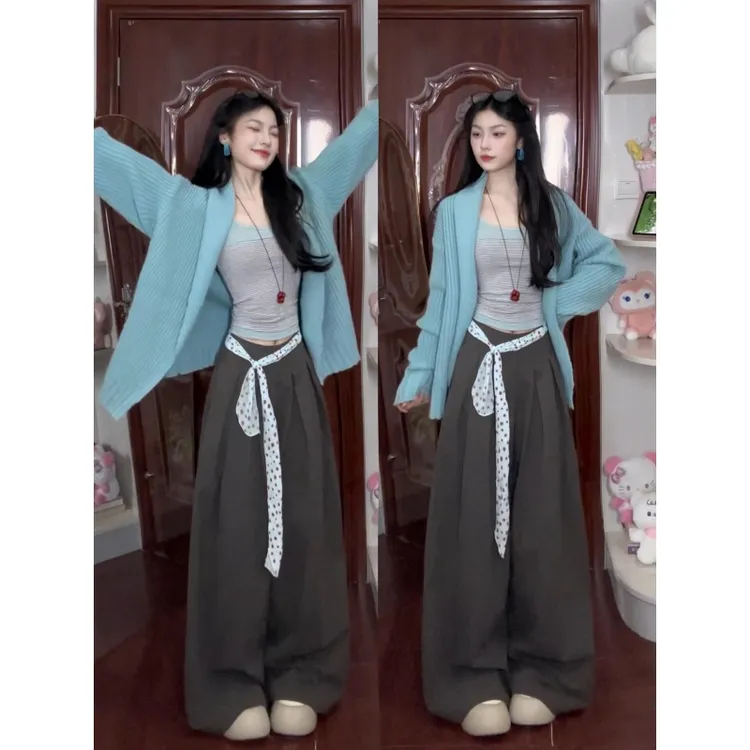 MARIE.COCO韩系蓝色慵懒风超好看针织衫外套女秋冬撞色背心阔腿裤