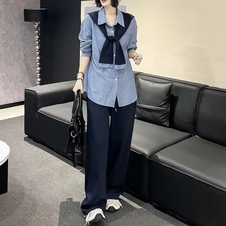 秋季两件套遮肉显瘦韩系学院风披肩条纹衬衫搭配阔腿长裤穿搭套装