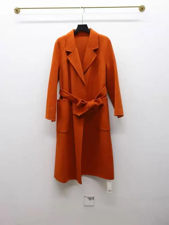 【W707橘色全羊毛大衣】时尚休闲大气腰带纯色25新款双面呢大衣