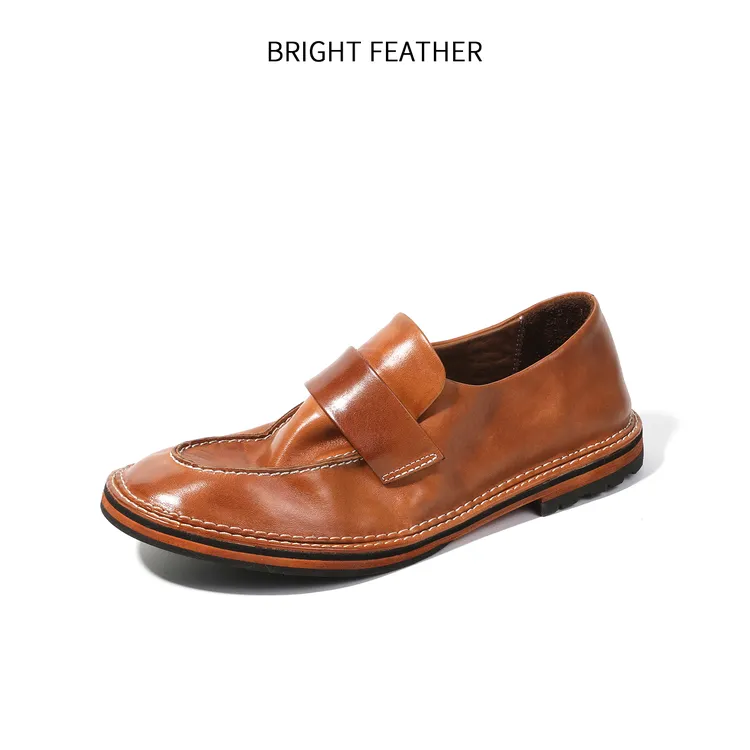 BRIGHT FEATHER水洗做旧植鞣马皮一脚蹬男士皮鞋轻便复古豆豆鞋男