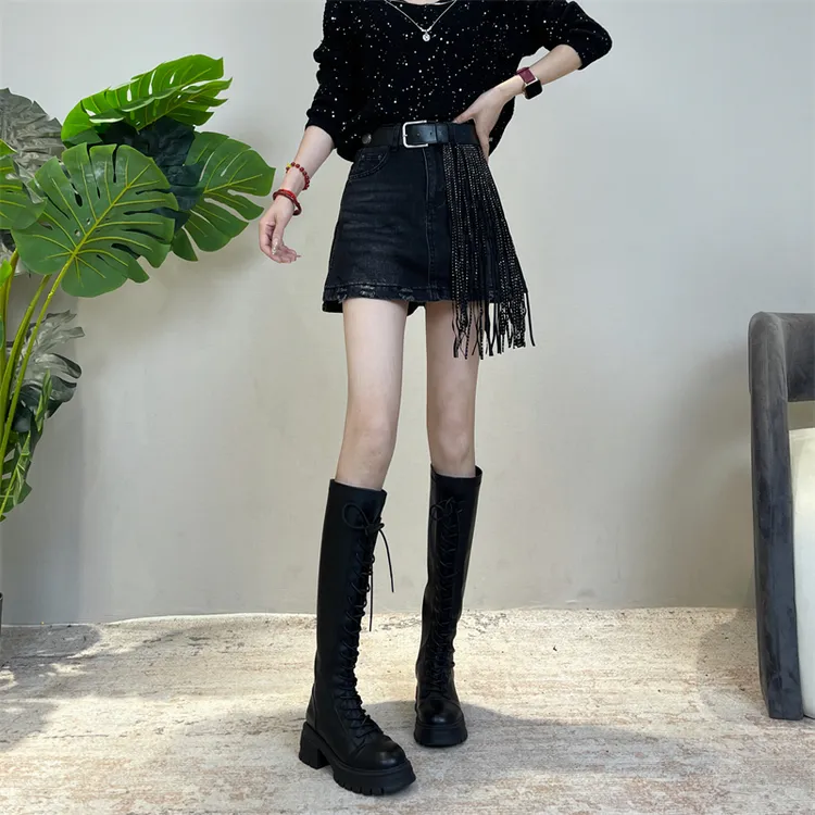 迪否秋季镶钻流苏A版女牛仔裙新款宽松显瘦时髦半身裙6337