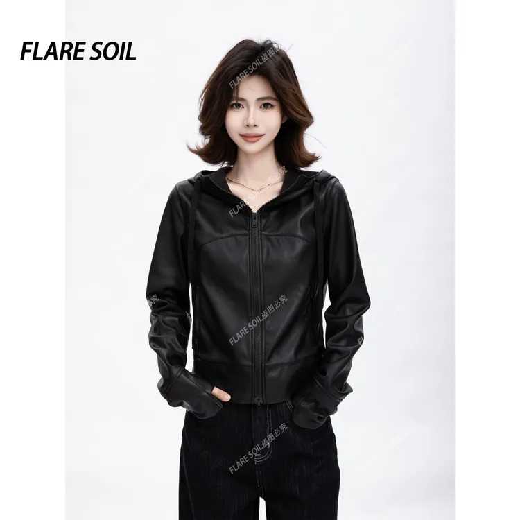 【FLARE SOIL】(现货）酷帅连帽皮衣短外套秋款欧美穿搭外套 T4780A