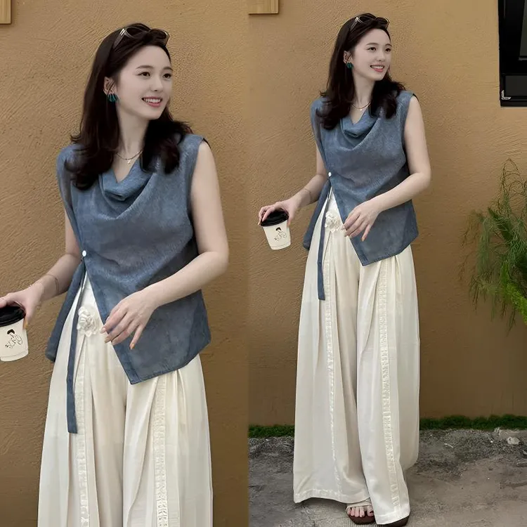 2025夏季新款系带荡领无袖背心上衣搭高腰阔腿裤老钱风休闲装
