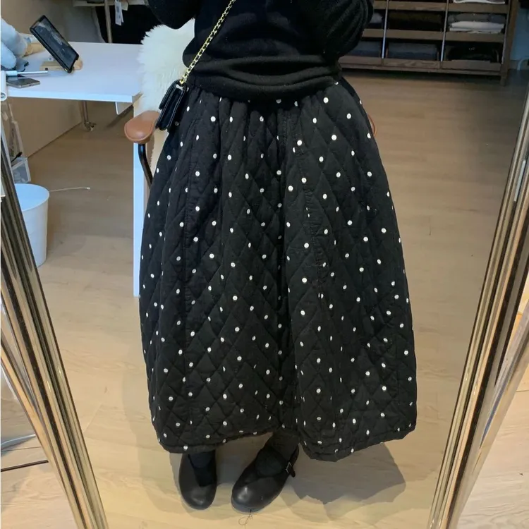韩系波点百搭花苞高腰显瘦梨形秋季新款中长秋冬半身裙黑色半裙
