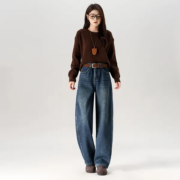 燕苹冬季新款加绒加厚保暖密密绒极简百搭高腰弯刀牛仔长裤S1333