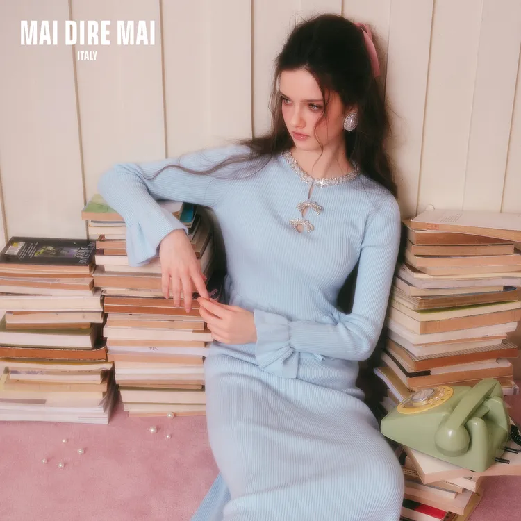 MAI DIRE MAI荷叶边蝴蝶结长袖圆领针织羊毛上衣高腰半裙套装女冬