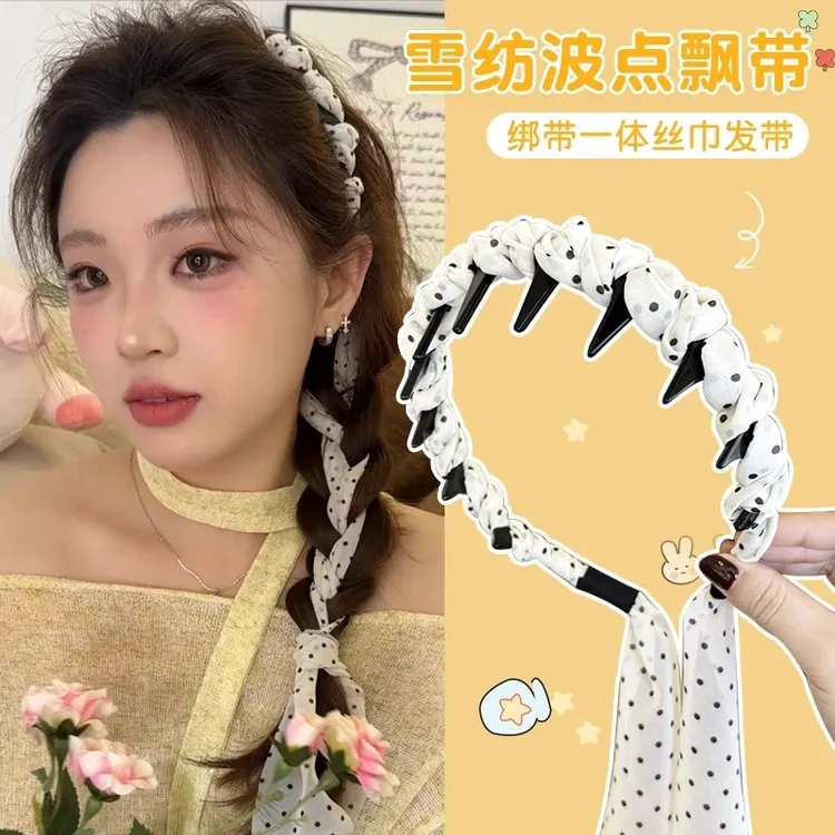 高级感波点飘带齿梳发箍女温柔蝴蝶结绑发一体头饰气质高颅顶头箍