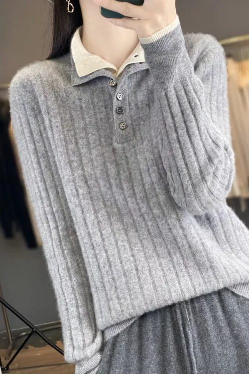 双层半开立领高领系扣羊毛衫 假两件毛衣 女士秋冬新款宽松打底衫