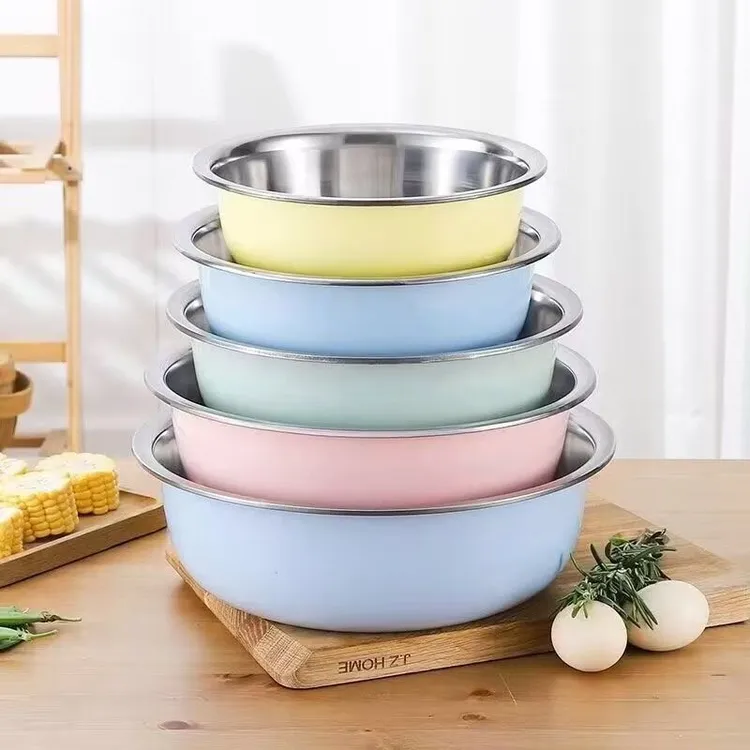 五件套不锈钢彩盆子加厚洗菜盆厨房汤盆套装圆形和面盆彩色