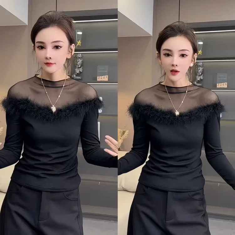 朵伊家【绒纱魅影】新款百搭显瘦毛边半高领拼接上衣3398