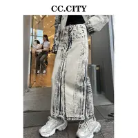 【蔡丽丽&CC.city】时尚洋气个性牛仔印花开叉半身裙w9034