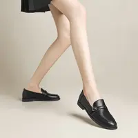 浅口乐福鞋厚底粗跟春季豆豆鞋皮带扣胶粘黑色春秋时尚百搭